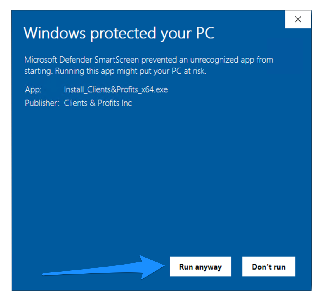 Windows SmartScreen dialog with Run anyway button visible after clicking More info